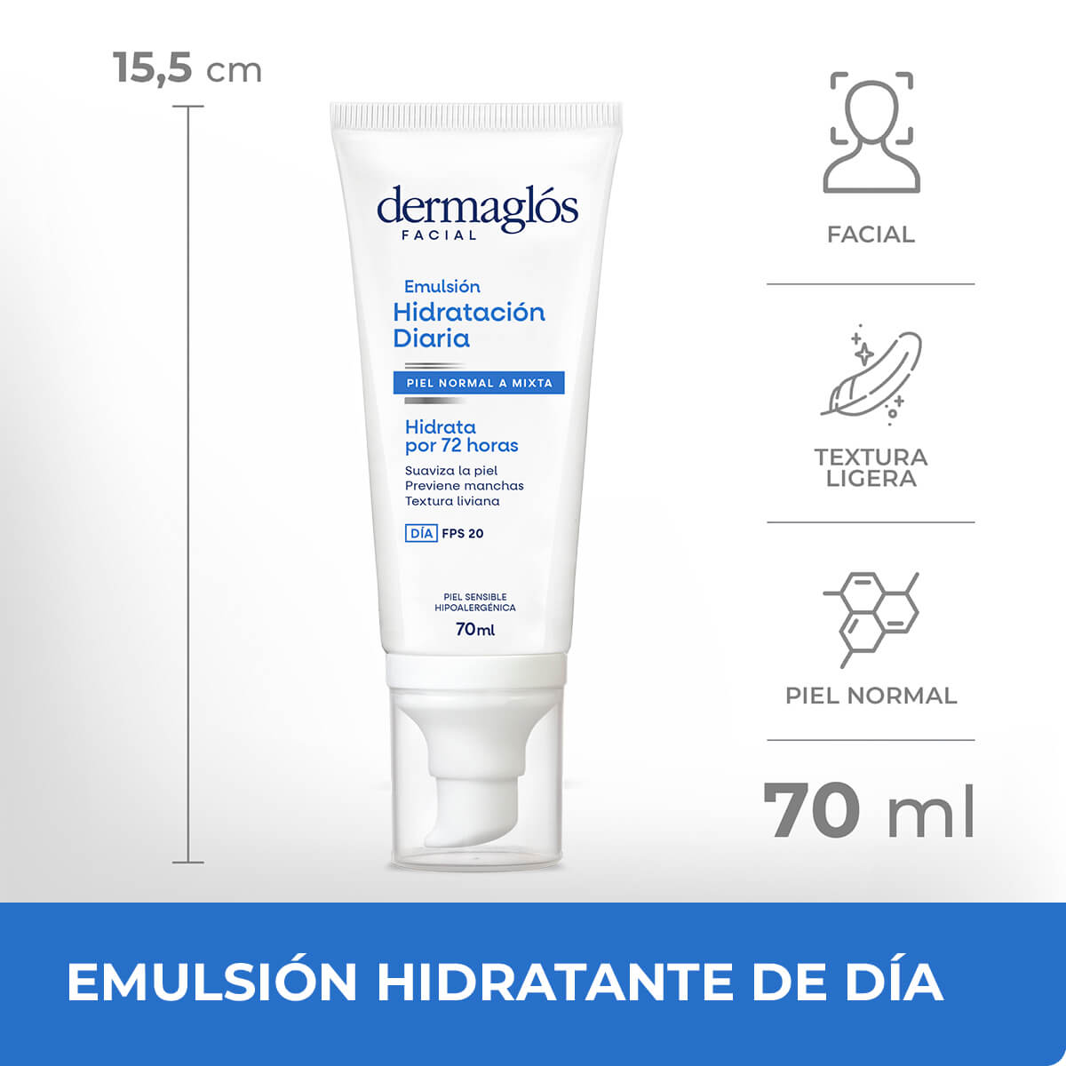 Dermaglós Facial Emulsión Hidratación Diaria FPS 20 Piel Equilibrada a Mixta 70 ml image number 10
