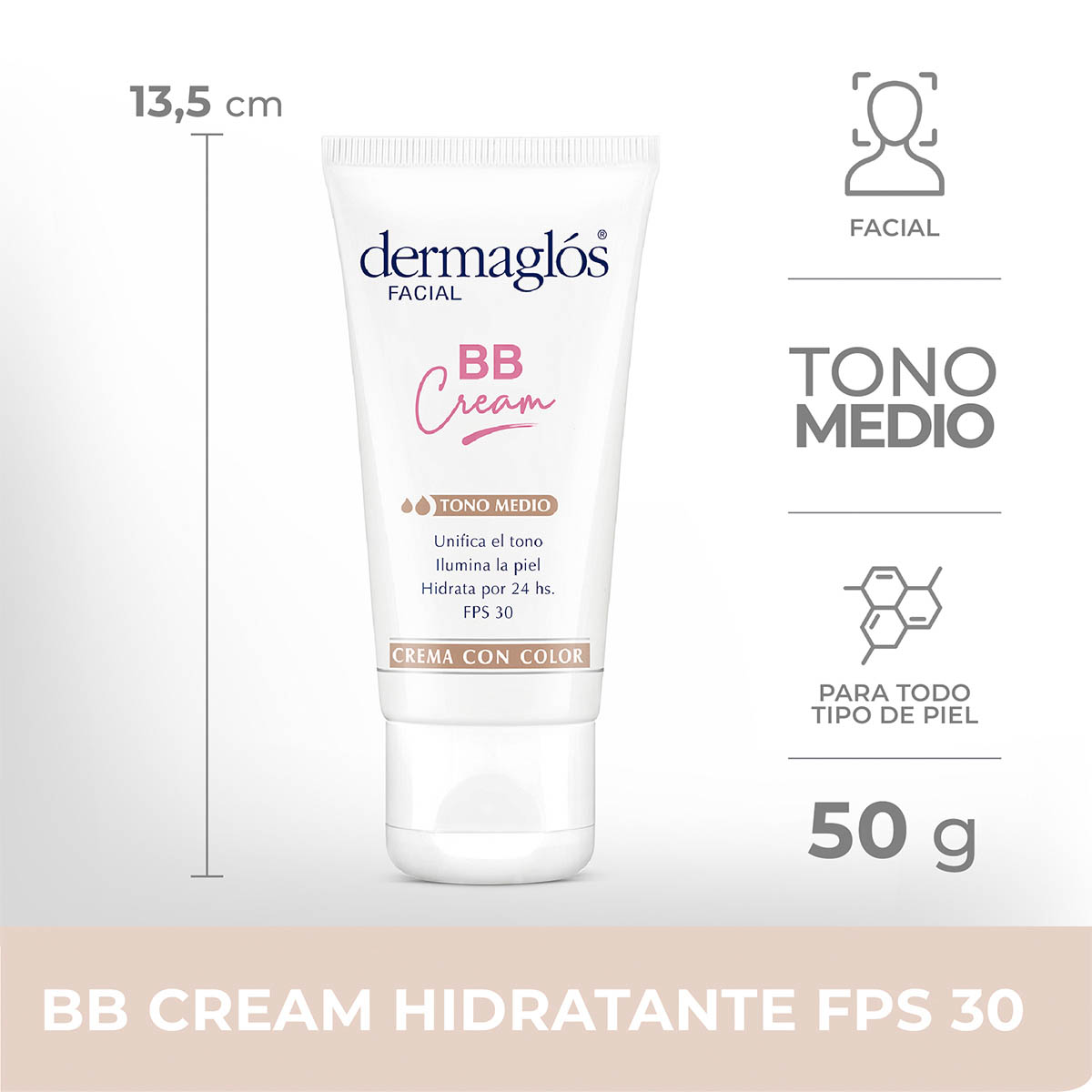 Dermaglós Facial Crema con Color BB Cream Tono Medio con FPS 30 50 g image number 1
